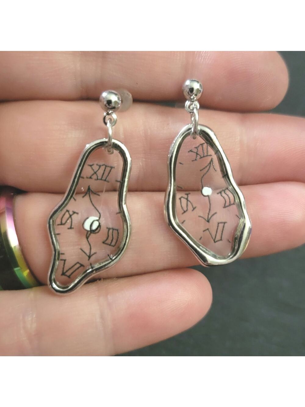 Unique Surreal Melting Clock Silver Tone Earrings
